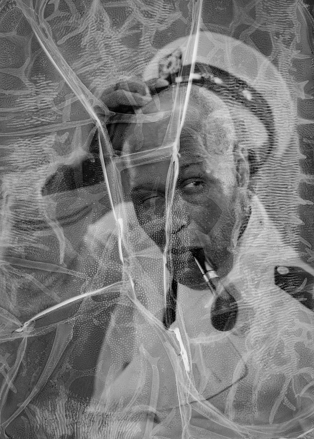 S dropdown of transparent plastic lace screen with african american man inside, smoking pipe and wearing white tunic suit , black & white photography, hiphop aesthetic style by [Bill Sienkiewicz](https://goo.gl/search?artist%20Bill%20Sienkiewicz)