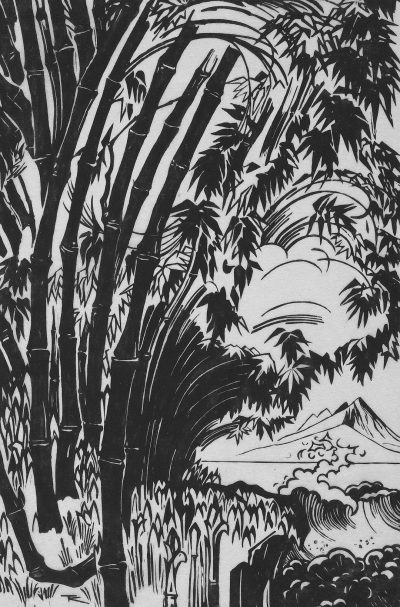 woodcut print of a bamboo forest, with mountains in the background, depicted in black and white only, with detailed work, in the style of [Don Blanding](https://goo.gl/search?artist%20Don%20Blanding).