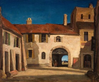 An oil painting of the main gate to an old medieval French castle, the walls and roof have red tiles. There is one large archway with wooden doors at its center that leads into the courtyard below. In front of it stands two tall white buildings with black windows. On either side are smaller houses with brown roofs and green shutters. The sky above has dark blue hues, in the style of [John Singer Sargent](https://goo.gl/search?artist%20John%20Singer%20Sargent).