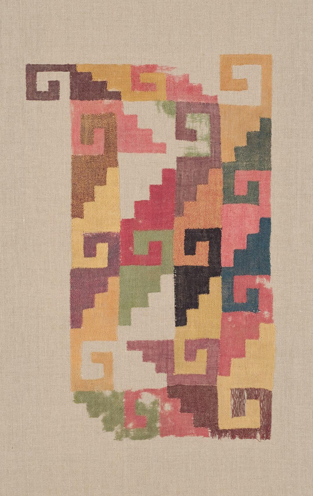 A minimal and simple textile design of an abstract letter “B”, with colorful geometric patterns, on a beige linen background, inspired in the style of Inca art.