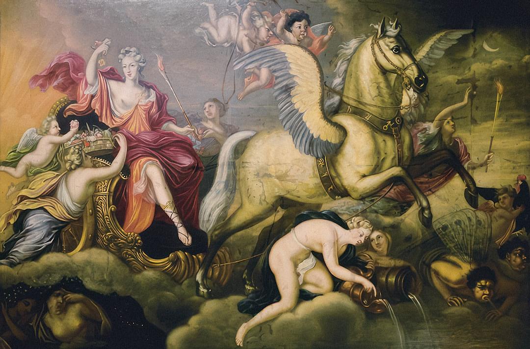 The goddess Eroatia riding on the horse is holding up her spear and attacking people lying around in clouds, with renaissance painting style, classical oil paintings, full body pictures of people falling to ground, and figures flying through air, with strong contrast between light and dark. The figure lies flat, surrounded by many angels wearing armor, and several dead bodies lie down, and some women laying facedown in water, while others lay headstone over their heads.