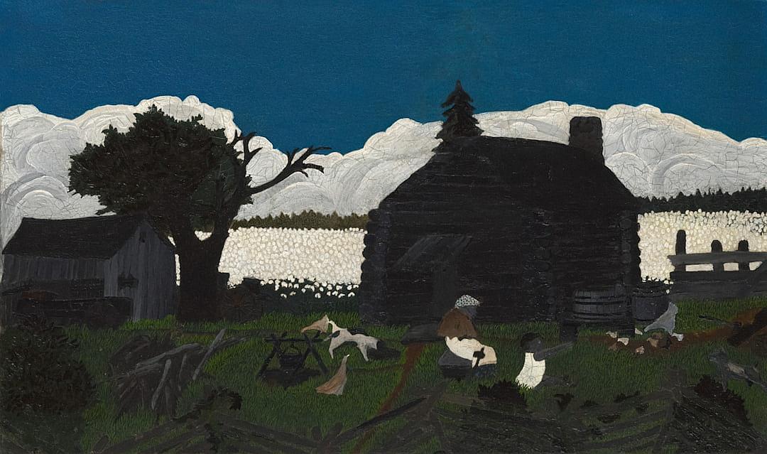 A painting in the style of [Henri Matisse](https://goo.gl/search?artist%20Henri%20Matisse) of an old black barn in the distance, surrounded with white clouds and green grass. In front is a yard full of chickens running around. A dog stands next to it looking at them. The sky has dark blue tones.