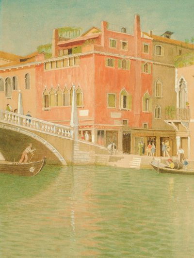 A drawing of the front facade of an ancient Venetian palace with a bridge and gondolas in the canal, people walking on the street level near the water's edge, in the style of Henry Cades Gendretson, with soft colors and a muted color palette of light green, pink, red and orange.