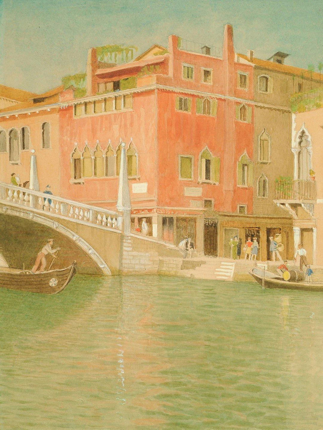 A drawing of the front facade of an ancient Venetian palace with a bridge and gondolas in the canal, people walking on the street level near the water’s edge, in the style of Henry Cades Gendretson, with soft colors and a muted color palette of light green, pink, red and orange.