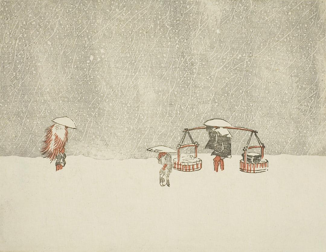 A group of children playing in the snow, standing under umbrellas and carrying small carts with wheels. The scene is set against a snowy background, and there should be three or four people playing together. They wear winter  to keep warm. There were no other buildings around them, in the style of [Katsushika Hokusai](https://goo.gl/search?artist%20Katsushika%20Hokusai).