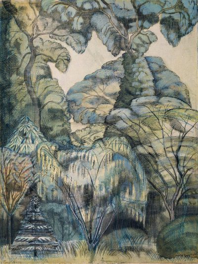 A garden with trees and blue foliage, a pencil drawing in the style of [Edward Bawden](https://goo.gl/search?artist%20Edward%20Bawden) rendered in soft blues and greens, with a silver outline of a willow tree.