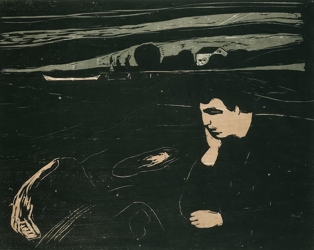 woodcut print of an expressionist woman sitting on the beach at night, in the style of Edward Munch and [James Gurney](https://goo.gl/search?artist%20James%20Gurney), in black with pale green highlights, contemplative mood, simple composition, soft lighting, bold lines, high contrast, dark background, fields in the distance