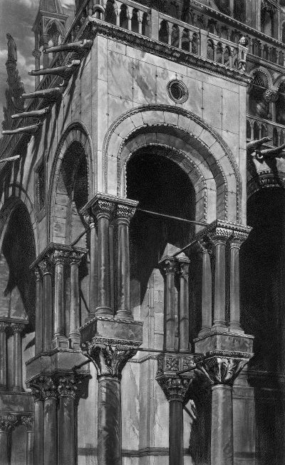 black and white pencil drawing of the main entrance to St Mark's Cathedral in Venice, with columns surrounding an arched doorway, the shadow from one falling on another, in the style of [Thomas Eakins](https://goo.gl/search?artist%20Thomas%20Eakins), in an art nouveau style, with chiaroscuro lighting, depicting classical architecture, with detailed background elements, striving for historical accuracy.