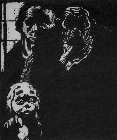 woodcut print of a creepy man and woman on a white background against a black background, in a dark art style, horror art, creepy artwork in the style of a graphic novel panel or dark comic book cover, gritty and eerie, with creepy children in the foreground looking up at them from below