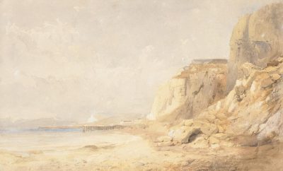 watercolour, soft muted colours, light brown beach with large rock cliffs and tall cliff face, small pier in distance,