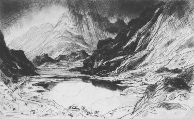 high mountains and rocks, lake in the valley, etching in the style of [James Tissot](https://goo.gl/search?artist%20James%20Tissot), line drawing ink on paper, hatching technique, hazy atmosphere, black and white