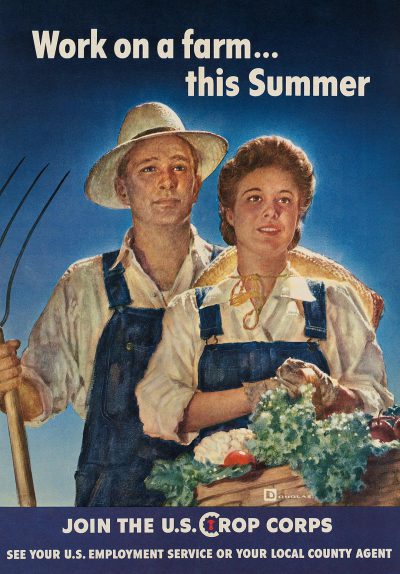 A vintage warera poster style advertisement for the U.S.Cytic neutrals illustration of two farmers, one male and female with vegetables in hand, text " APPgrim work on farm... summer" , Text below their picture reads .greets you to signs up at your local SETBFlooring neoBrutalist office or talking directly to service agent by Tom Ford, [Jon Klassen](https://goo.gl/search?artist%20Jon%20Klassen), [Paul Catherall](https://goo.gl/search?artist%20Paul%20Catherall), blue background, white border, yellow details