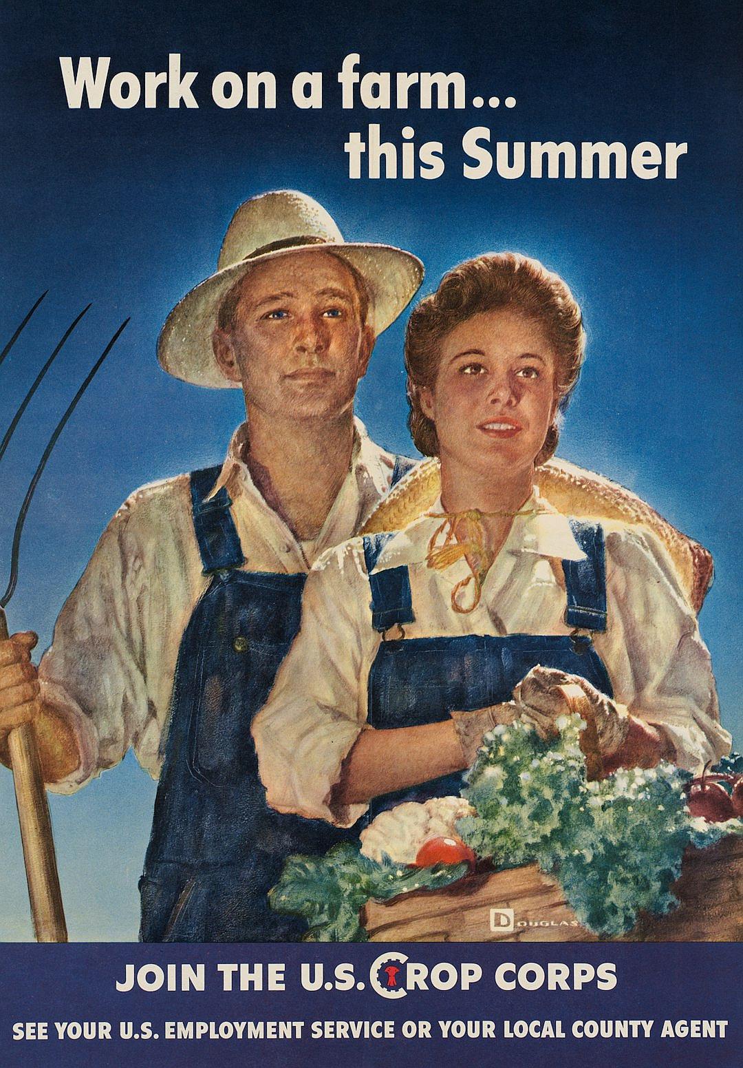 A vintage warera poster style advertisement for the U.S.Cytic neutrals illustration of two farmers, one male and female with vegetables in hand, text ” APPgrim work on farm… summer” , Text below their picture reads .greets you to signs up at your local SETBFlooring neoBrutalist office or talking directly to service agent by Tom Ford, [Jon Klassen](https://goo.gl/search?artist%20Jon%20Klassen), [Paul Catherall](https://goo.gl/search?artist%20Paul%20Catherall), blue background, white border, yellow details