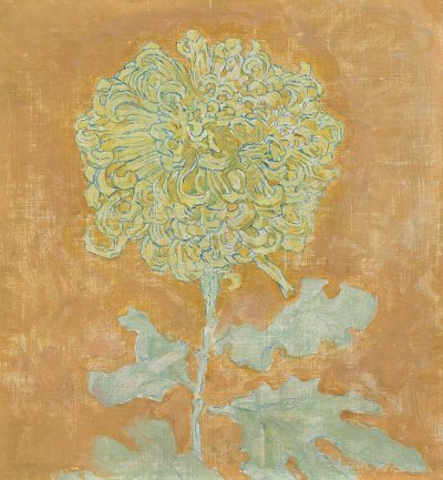 A vintage oil painting of chrysanthemums in the style of Marianne Werefkin, with a light yellow and green color palette on a light orange background. Muted colors and textured brushstrokes create a moody and dreamy style.