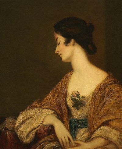 A painting of an elegant woman in the style of Jean aquat, the colors brown and blue, with her hair tied back wearing loose robes, holding roses on her chest, sitting down looking to one side.