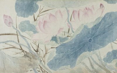 A detailed closeup of an ancient painting, featuring delicate brushstrokes and vibrant colors depicting lotus blossoms in full bloom on the water's surface. The composition includes intricate details such as leaves and flowers, rendered with soft pastel hues including light blue, pink, purple, white, creating a serene atmosphere reminiscent of traditional ink wash paintings from China's medieval period.