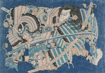 Japanese woodblock print of a samurai in a blue and white striped kimono, wearing a black hair bandana on his head, holding a sword, attacking an army with dark armor, in the style of Ukiyoe, on a blue background