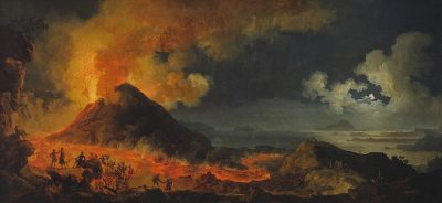 A painting of an erupting volcano at night in the style of JeanHonoré Fragonard, showing people running away from lava and smoke in the foreground. The background features dark clouds above a black sky with moonlight shining through. In the center is a large mountain spewing red hot rocks into the air. There is also another small fire burning on one side.