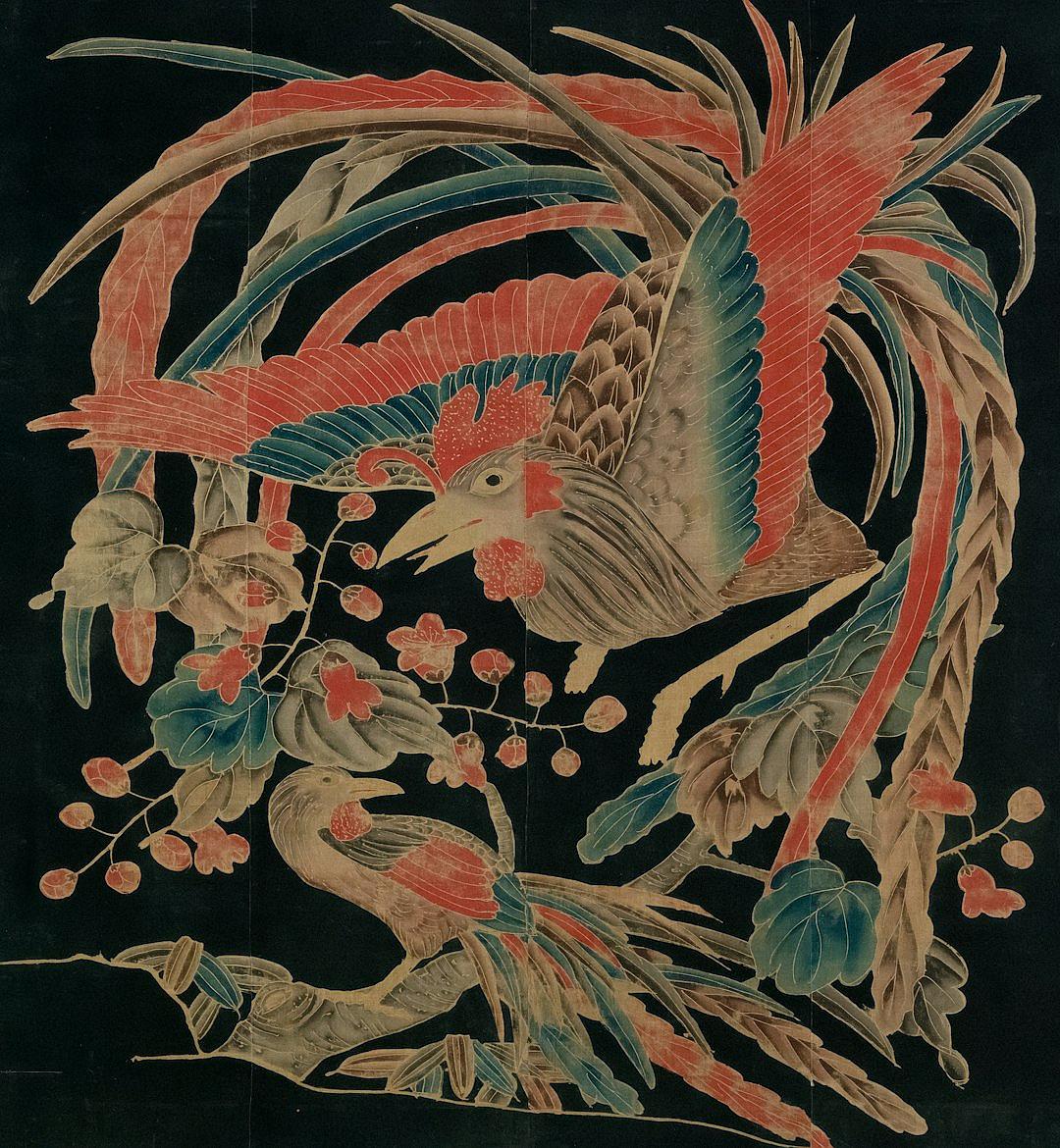 A colorful phoenix with red tail feathers with green edges and a black body covered in flowers. The picture is composed of embroidery works, using full colors, and flying in the air. It has exquisite details, clear lines and textures, contrasting shades of dark blue, light orange, pink, and a dark background, showing high definition images and bright colors in the style of Chinese embroidery.