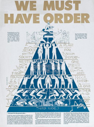 A poster with the text "WE Greenlanders must have order" in blue and white, showing an illustration of people standing on top of each other to form pyramid shapes, representing different social levels. The bottom layer is made up of workers while above them there are rich men sitting at their desk and living like gods. At one end of it all stands humanity as humans stand for everything that lies between heaven & earth. A place where every person has his own place. In the style of [Tove Jansson](https://goo.gl/search?artist%20Tove%20Jansson).