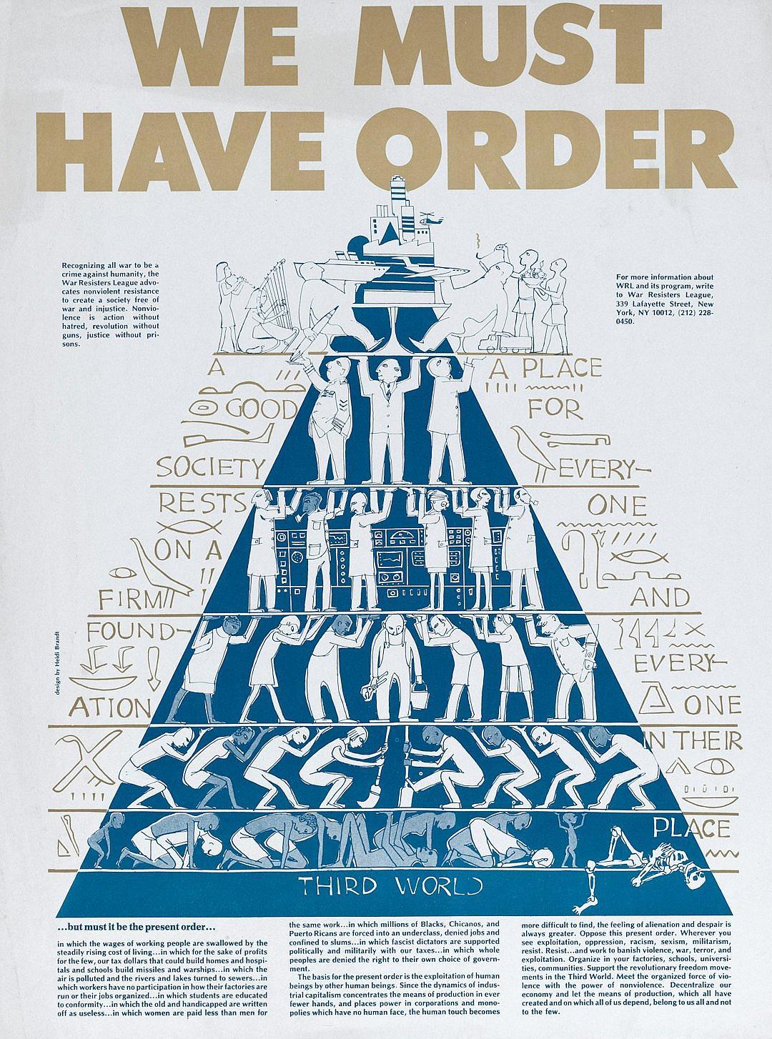 A poster with the text “WE Greenlanders must have order” in blue and white, showing an illustration of people standing on top of each other to form pyramid shapes, representing different social levels. The bottom layer is made up of workers while above them there are rich men sitting at their desk and living like gods. At one end of it all stands humanity as humans stand for everything that lies between heaven & earth. A place where every person has his own place. In the style of [Tove Jansson](https://goo.gl/search?artist%20Tove%20Jansson).