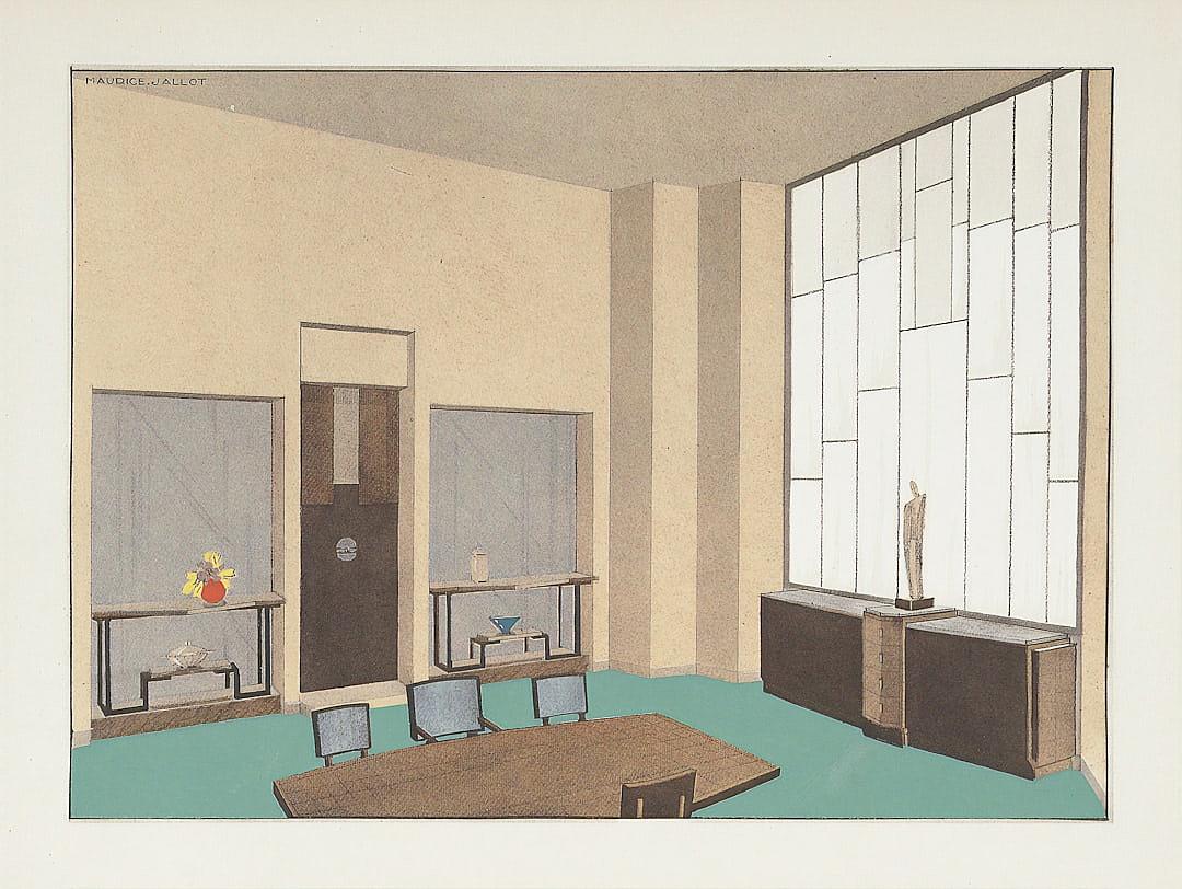 A drawing of an interior room in the style of [Paul Catherall](https://goo.gl/search?artist%20Paul%20Catherall), dark grey and light beige with blue accents, minimalistic style.