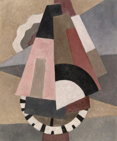 An abstract painting in the style of [Jean Delville](https://goo.gl/search?artist%20Jean%20Delville) of an object with black, white and pink stripes on it, with brown and grey shapes around the sides. The shape is circular or oval in form. It has no background.