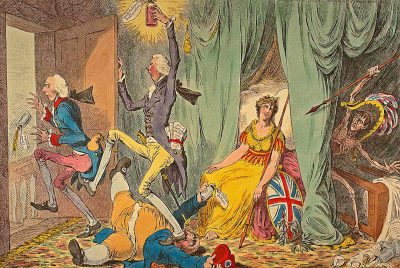 an old cartoon of an English queen sitting on her throne, being opened by men in yellow and blue uniforms who surround the king with guns raised high as he is about to attack him. The British flag hangs behind them. She has white hair and wears bright . They all fall over each other in chaos. On one side there's another man lying down on his back laughing at what they see, holding up his head with both hands. In front of it lies red paper. It’s funny. hand colored.