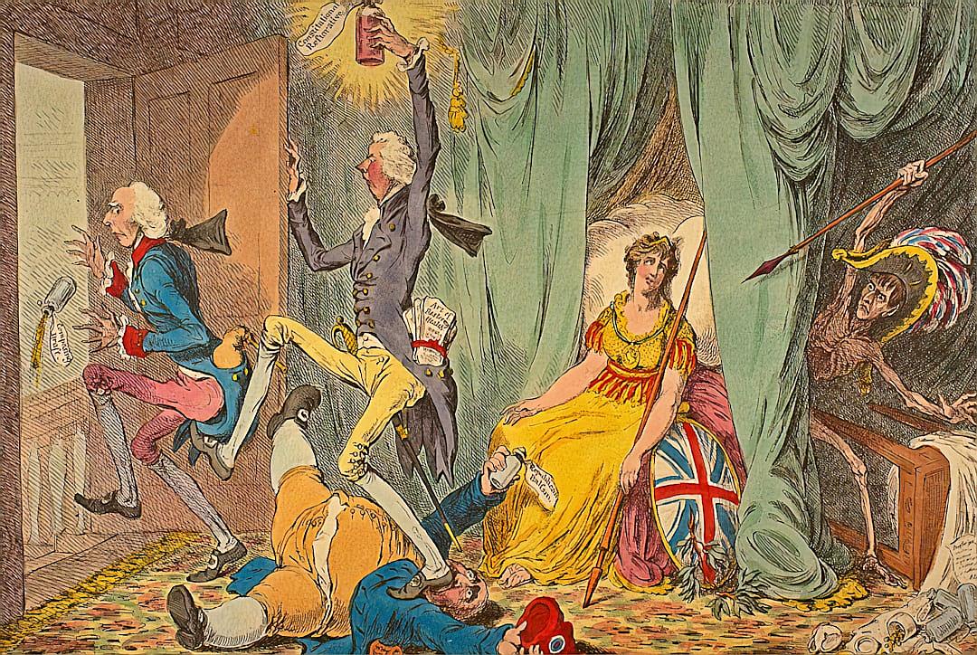 an old cartoon of an English queen sitting on her throne, being opened by men in yellow and blue uniforms who surround the king with guns raised high as he is about to attack him. The British flag hangs behind them. She has white hair and wears bright . They all fall over each other in chaos. On one side there’s another man lying down on his back laughing at what they see, holding up his head with both hands. In front of it lies red paper. It’s funny. hand colored.