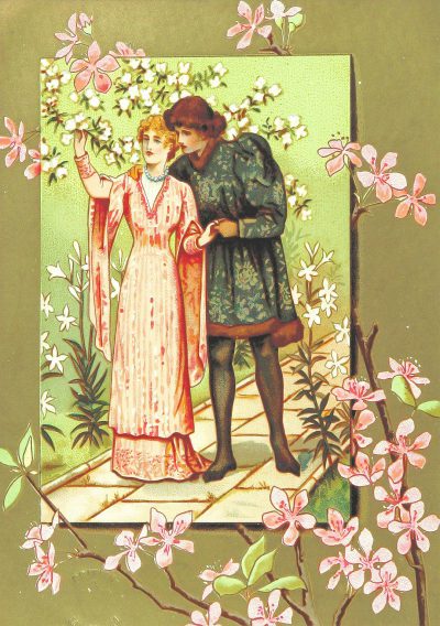 A medieval love couple, spring flowers in the background, green and pink colors, in the style of Edward Professional Illustration, very detailed, in the style of an old postcard