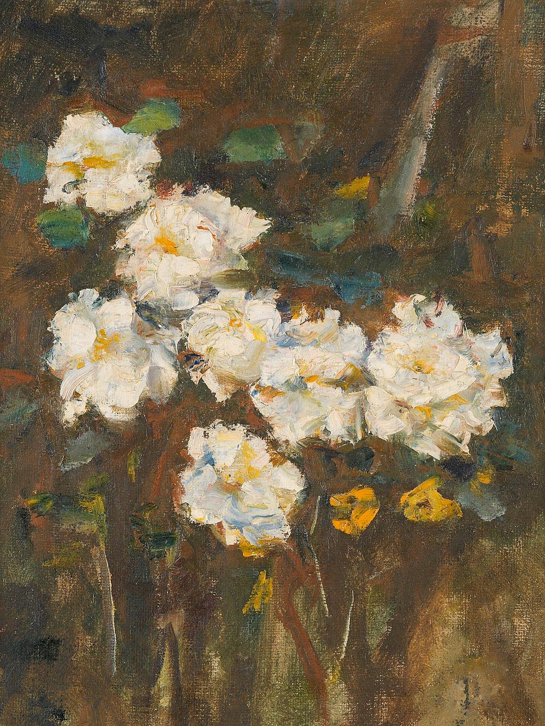 Vintage oil painting of white flowers, botanical illustration, brown background in the style of [Claude Monet](https://goo.gl/search?artist%20Claude%20Monet) and [Childe Hassam](https://goo.gl/search?artist%20Childe%20Hassam), muted earthy colors, neutral tones, textured, visible brush strokes