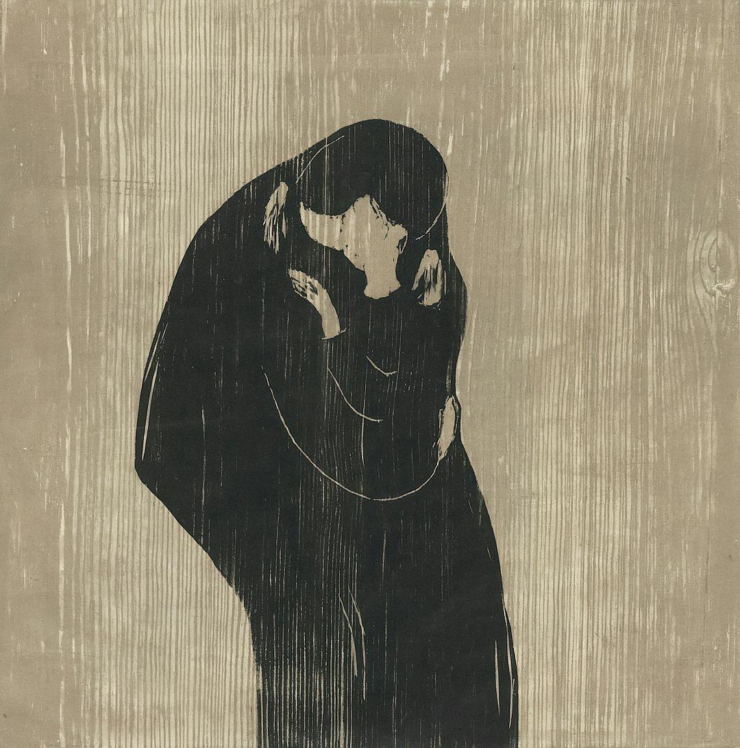 woodcut print of the kiss in the style of [Edvard Munch](https://goo.gl/search?artist%20Edvard%20Munch), solid beige background, black ink on paper, high contrast