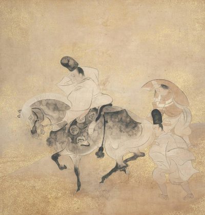 In the style of Edo period art, two figures on horseback with one sitting and another standing in front holding an umbrella over them. The background is a light gold color and has some texture. They look joyful as they ride through the countryside. One figure wears white  while the other has dark . Between their bodies lies a black cow. There are also three silhouettes behind them. This artwork appears to be a painting or drawing, and not digital art.