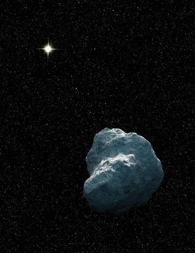 a small asteroid floating in space, a bright star is visible behind it, the sky above is black with stars, the rock has blue color and smooth texture, it's size looks like an egg or large pebble, the perspective view shows its full body from head to tail, the focus of attention on the meteorite