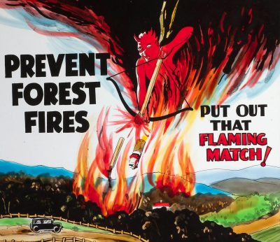 A vintage fire safety poster depicting the devil holding an incandescent match and lighting forest fires, with text " determined to put out that flaming match!" , set against the backdrop of forests on fire. The style is colorful cartoonish drawing with bold lines and bright colors.