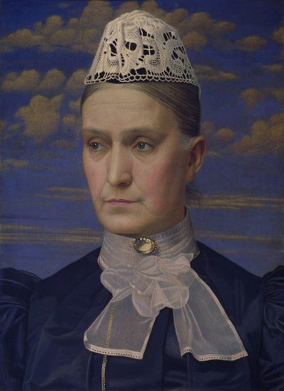 Portrait of the great painter [Martin Ansin](https://goo.gl/search?artist%20Martin%20Ansin)'s mother, wearing an elegant white lace bonnet and navy blue dress with ruffles, she has grey hair tied back in a tight ponytail, behind her is the sky painted in the style of [Jules Breton](https://goo.gl/search?artist%20Jules%20Breton), oil painting, 20th century, in the old master style.