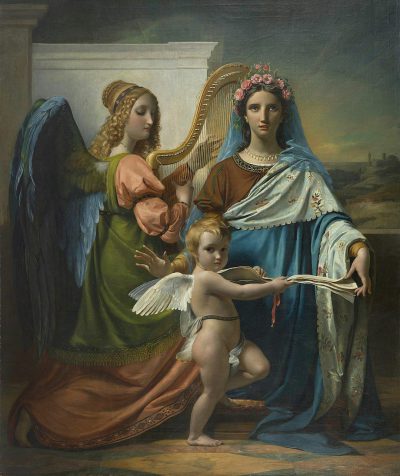 A painting depicting the three biblical angels, Mary Magdalene playing a harp and Saint Joseph with his son Jesus Christ holding an ink pen in their hands in the style of Jean Leon Gerome, with fine brushwork and detailed oil paintings, featuring blue, green, red and orange , with a halo on each head and angel wings, the child looking at a book.