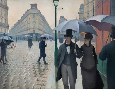 A painting in the style of [Gustave Caillebotte](https://goo.gl/search?artist%20Gustave%20Caillebotte) of people walking down the street in Paris on an overcast day, holding umbrellas, wearing fancy suits from the early industrial era.