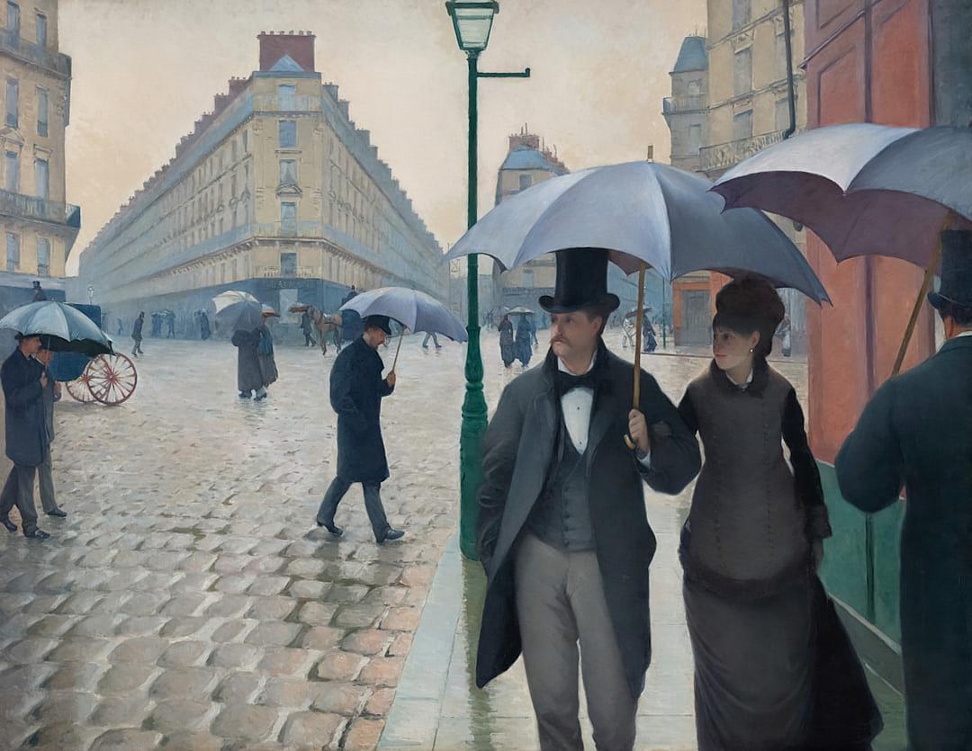 A painting in the style of [Gustave Caillebotte](https://goo.gl/search?artist%20Gustave%20Caillebotte) of people walking down the street in Paris on an overcast day, holding umbrellas, wearing fancy suits from the early industrial era.