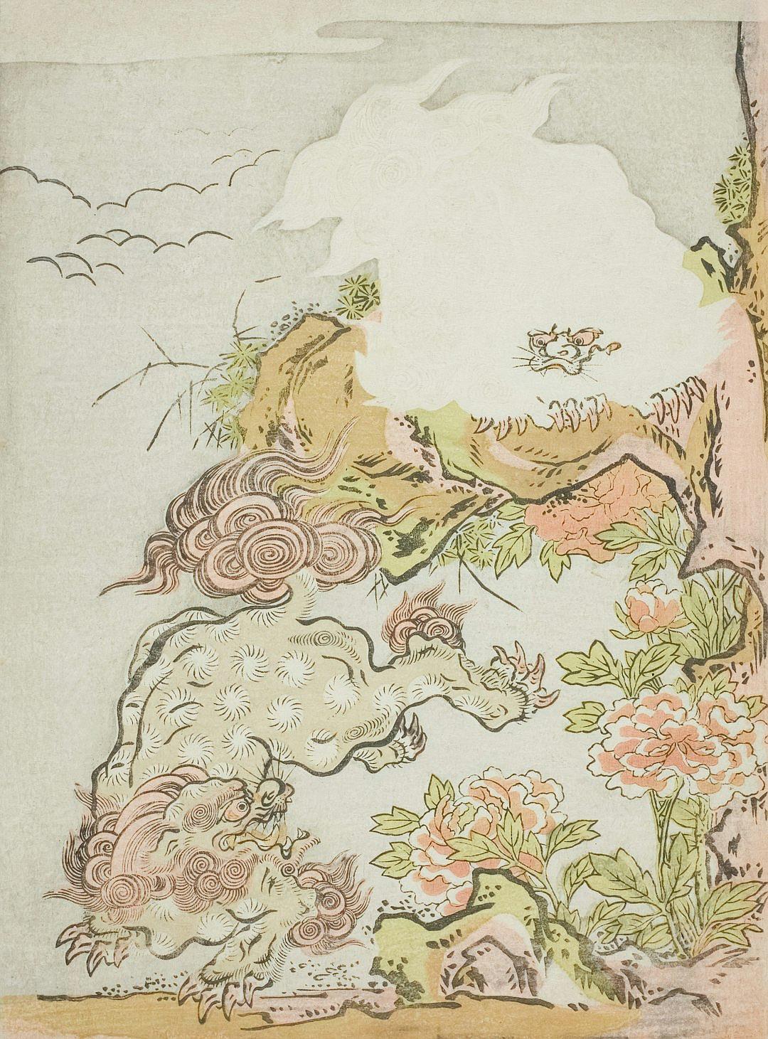 A Japanese woodblock print depicting an animal in a landscape scene with flowers and plants, featuring a lion atop another creature in the style of [Hokusai](https://goo.gl/search?artist%20Hokusai), colored pencil drawing on light pink paper