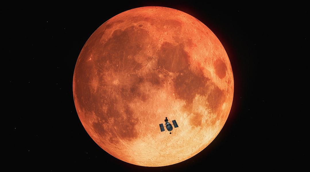 The full moon is orange red, and there is a space station in the center of it against a black background. The style is reminiscent of an artist.