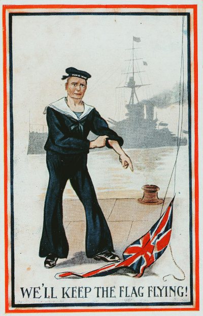 A vintage illustration of an English sailor with his hands on the flag pole. He is smiling and pointing at it saying "We'll keep flying that flag!". The sailor wears navy blue pants, a white shirt, and a black necktie uniform. In the background is a British royal ship in the style of an old fashioned postcard.