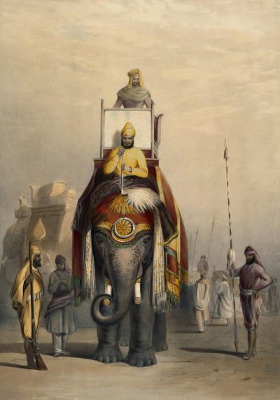 An Indian elephant with an armoured platform on its back, standing in front of the king's court and being taken to show for people. The pachyderm is dressed up in colorful armor and richly decorated headpiece, while there’s also some other nobles around it. This scene takes place during ancient times. The painting uses a watercolor technique in the style of an ancient artist.