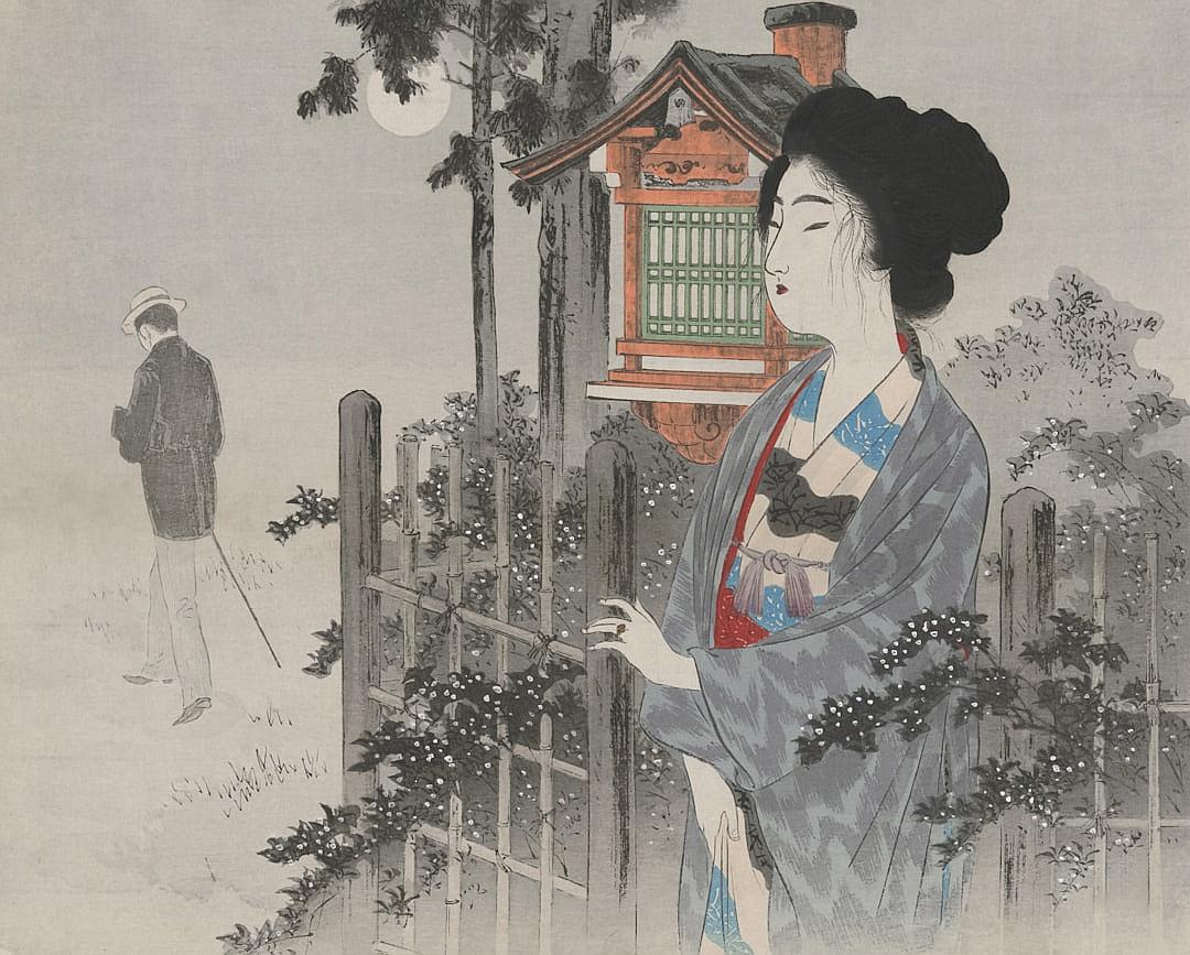 museum collection woodblock print of an Edo period Japanese lady in the garden with a man walking in the style of Edo on the fence, a lantern hanging from the eaves and an old wooden gate with green plants, a geisha wearing a blue kimono standing near a white foggy shrub clearing, moody moonlight, delicate fine details, light gray background, ukiyoe style