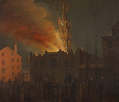 A painting of the burning church in Boston, with people watching from outside and looking at camera. It's night time, the sky is dark. The buildings around it have red brick walls. In front there’s an old stone building that has two towers on top, one larger than another. There is smoke coming out of its roof, and you can see flames. On both sides behind them wemarky buildings, with large windows. A crowd stands near to the wooden fence surrounding it. by JamesColonialeralandscape