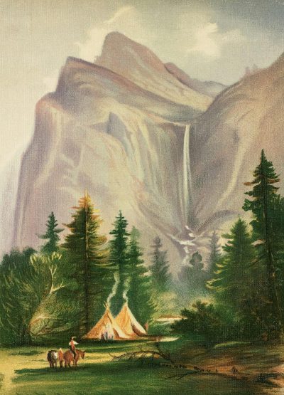 vintage illustration of yosemite valley, mountains in the background, waterfall, tent and horses nearby, trees, green grass, muted colors, cottagecore style