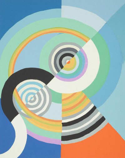 A vintage, retro-style painting of an abstract composition with circular shapes and lines in pastel colors like blue, green, orange, yellow, white, black, gray, and purple. The background is a light sky blue, creating the impression that these geometric forms float above it. A white line curves around them as if they were being pulled by another shape. This scene evokes a feeling reminiscent of the style of [Robert Delaunay](https://goo.gl/search?artist%20Robert%20Delaunay)'s works from his Bauhaus period.