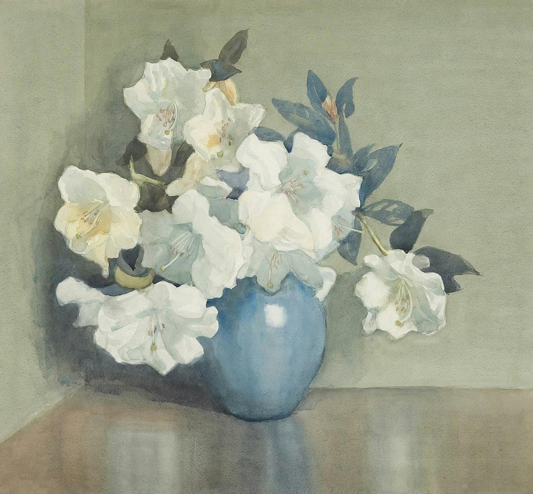 watercolor, white azaleas in a blue vase on a table, in the style of Charles Dagers and [Henry Scott Tuke](https://goo.gl/search?artist%20Henry%20Scott%20Tuke)