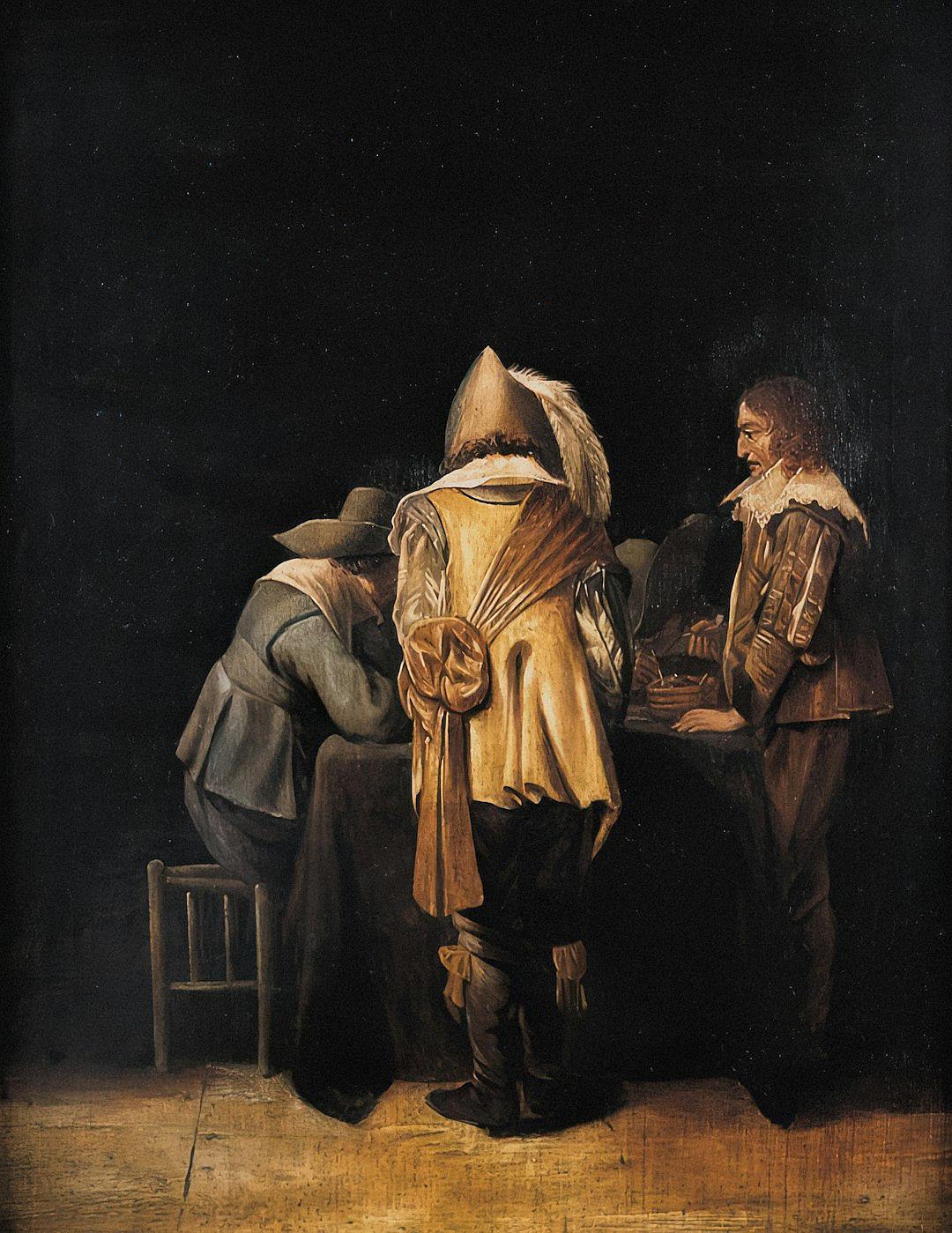 In the dark room, three men dressed in rags stand around an empty table with their backs to each other. The man on his right is wearing a tall hat and has long hair tied behind him; he wears light-colored , shorts made of yellow linen that hang down below knee level. He holds up two hands above one arm while looking at something lying across from them. A young boy stands between these people, leaning against another chair and holding onto its edge as if trying not to fall off it. in the style of [Rembrandt van Rijn](https://goo.gl/search?artist%20Rembrandt%20van%20Rijn)