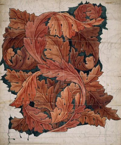 Acanthus leaves in the style of [William Morris](https://goo.gl/search?artist%20William%20Morris), drawn on paper with ink and watercolour in red brown colours.